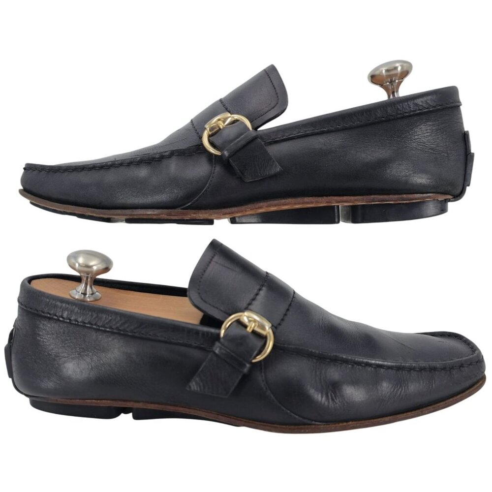 Gucci Italy Black Leather Luxury Driving Loafers Men 7.5 Dress Shoes Side Buckle - Picture 4 of 11